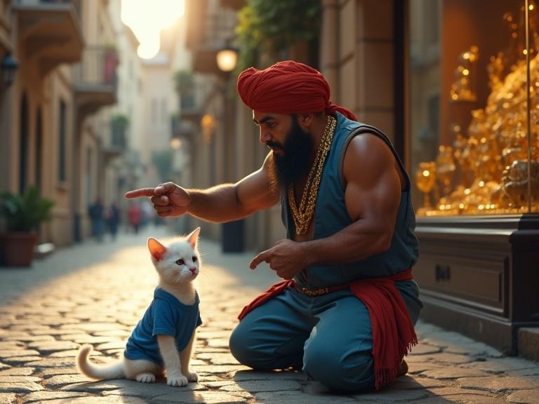 Cinematic scene in a narrow cobblestone street at late afternoon. A Middle Eastern man in a red turban wearing gold chains points at a small white kitten in ripped blue shirt. Kitten looks ashamed and frightened. Reflections of golden jewelry are seen in the store window.