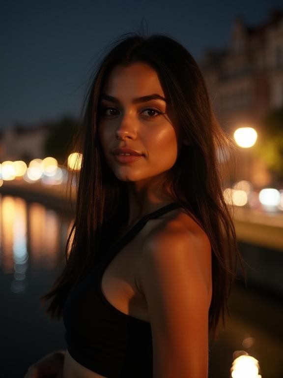 Close-up portrait photograph of a young Latina woman with straight shoulder-length hair. She wears a black tank top and has beautiful eyes with eyeliner. The setting is a city at night near a river with a dark blurry background and warm bokeh lights illuminating her face.