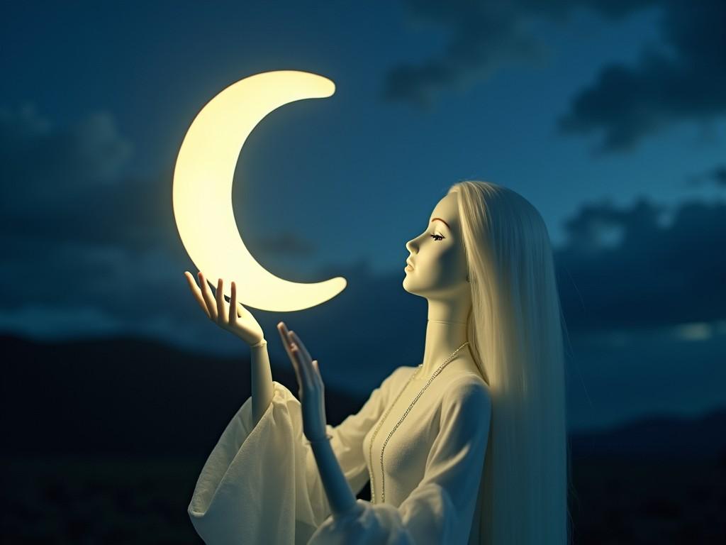 A mystical, ethereal figure dressed in white, holding a glowing crescent moon against a dark night sky, exuding a serene and fantasy-like atmosphere.