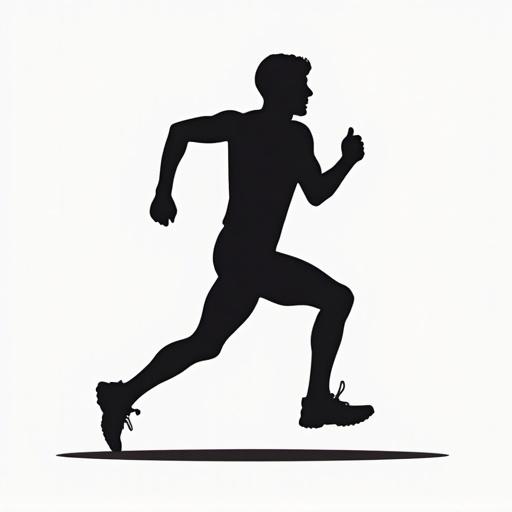 Silhouette of a runner in motion. Runner shown with dynamic posture. Image focused on athleticism and speed. Designed for logo use.