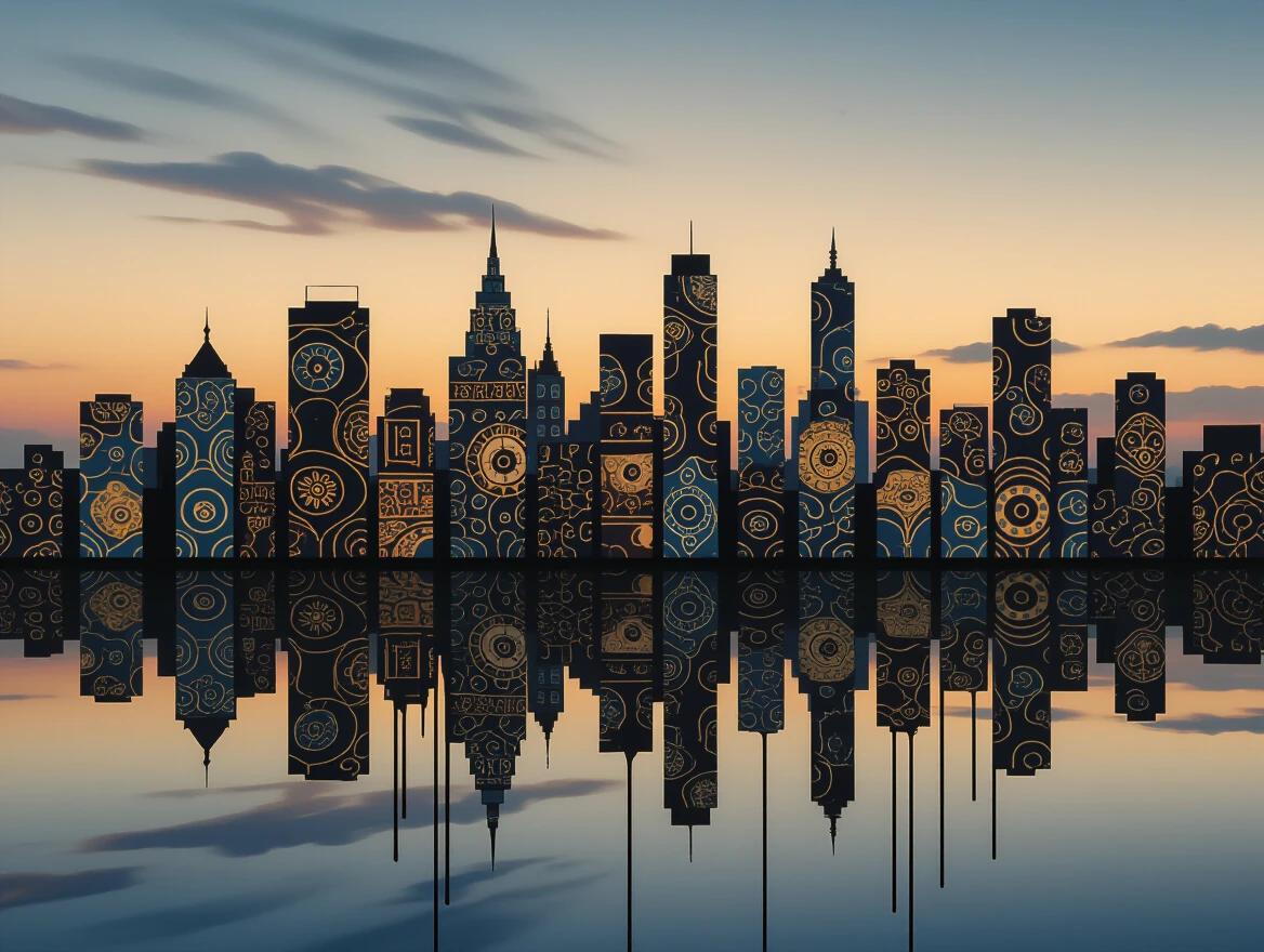 Abstract city skyline during twilight. Buildings covered with Batik designs. Designs melting like paint runoff. Dense atmosphere with heritage and urban decay elements. Soft focus in the background.