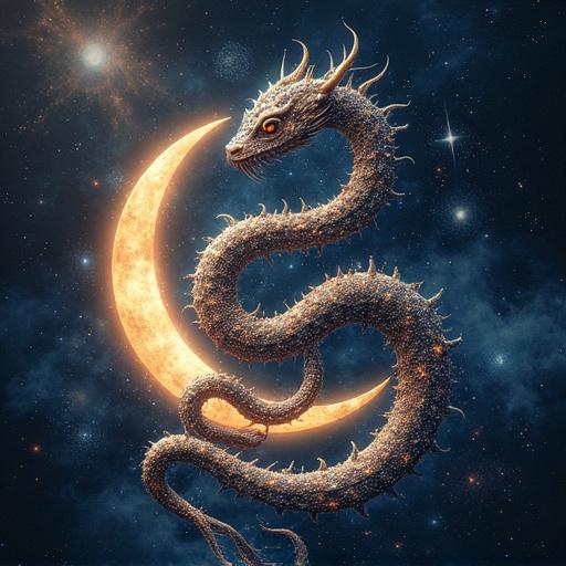 Ouroboros serpent of stars and nebulae coiled around a crescent moon with intricate cosmic textures. Transparent background.