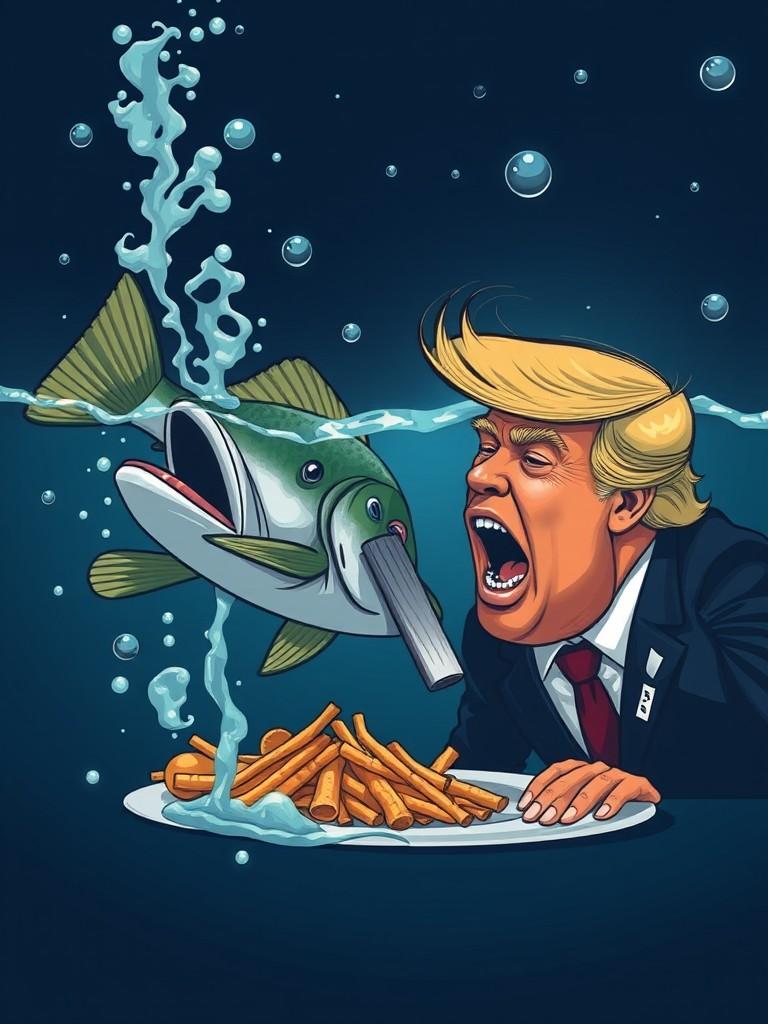 A cartoon of a man in a suit arguing with a fish over a plate of fries underwater.