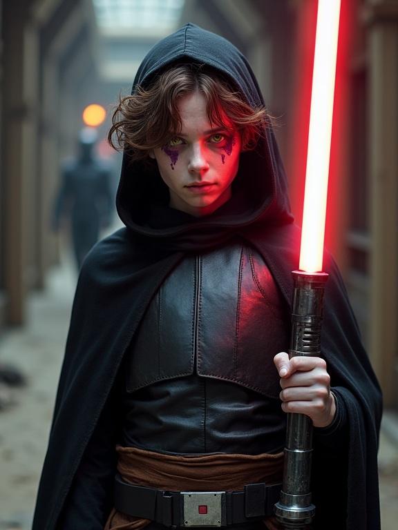 Photorealistic image of a young man in a black robe holding a red lightsaber. The character has messy brown hair and a sinister expression. Stark white skin with visible purple veins, vibrant yellow eyes with red rims. The setting is a military looking installation.