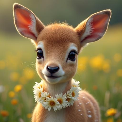 A young doe wearing a necklace made of daisies. The doe looks directly at the viewer with a gentle expression. The background is soft and blurred with hints of green and yellow.