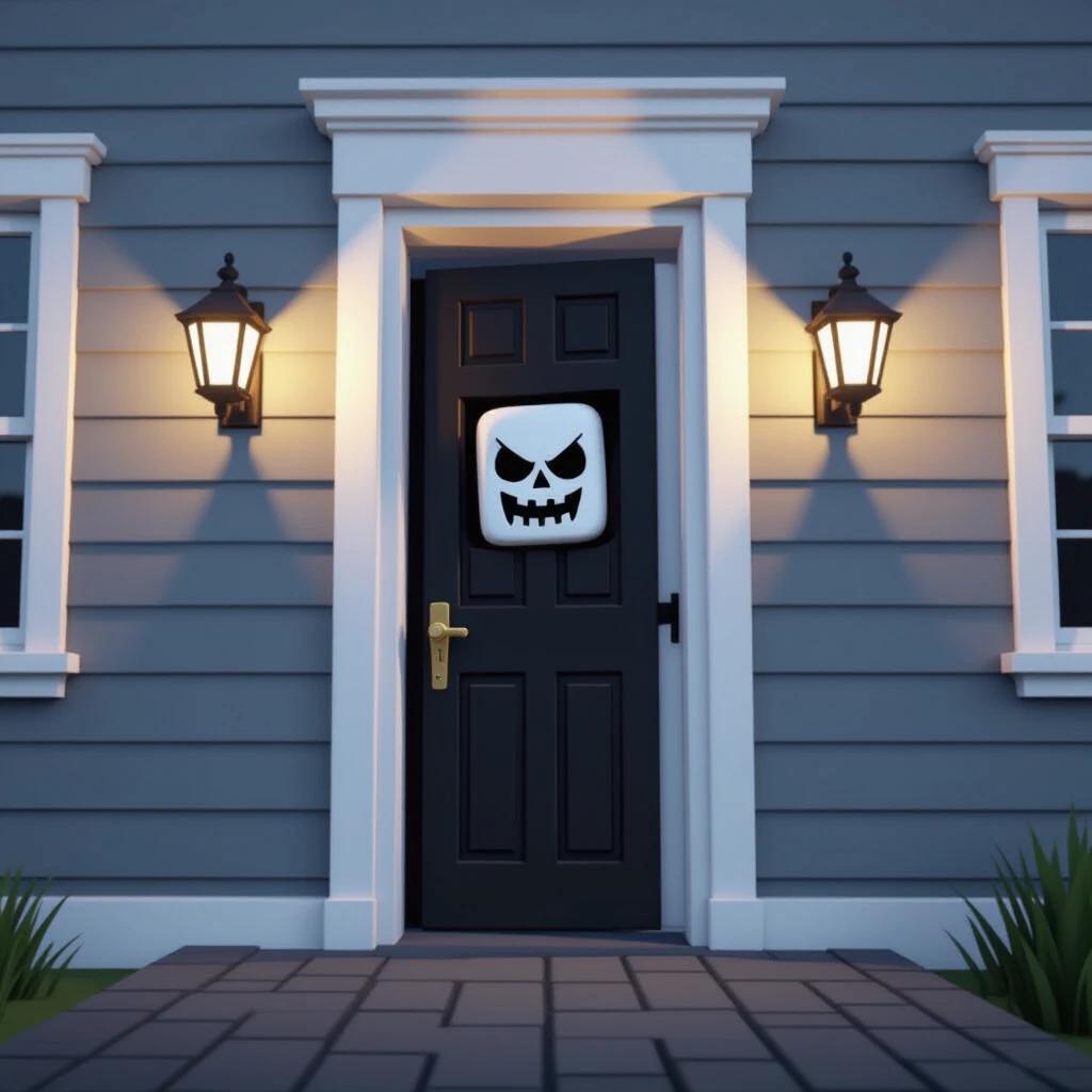 A black door in a gray house features a horror mask. Two wall sconces illuminate the entrance softly. The scene evokes a spooky Halloween vibe. There are no windows visible. The door opens to darkness.