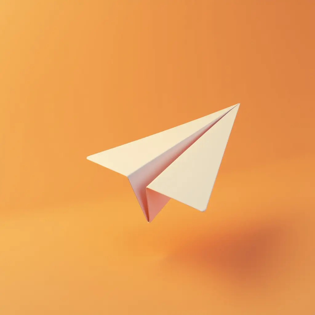 A minimalist beige paper airplane gracefully floats against a smooth peach-orange background.