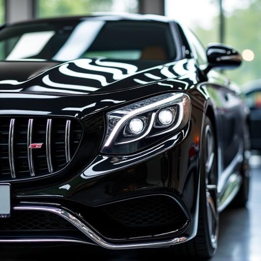 Image depicts a shiny and polished car inside a car shop. Focus on the front grille and sleek headlights. Natural light enhances reflections on the surface.