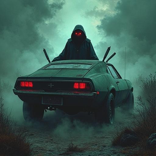 A dark figure stands near an old car in a foggy setting. The figure wears a hooded cloak with glowing red eyes. The car appears vintage, shrouded in mist and darkness. Atmosphere feels sinister and supernatural.