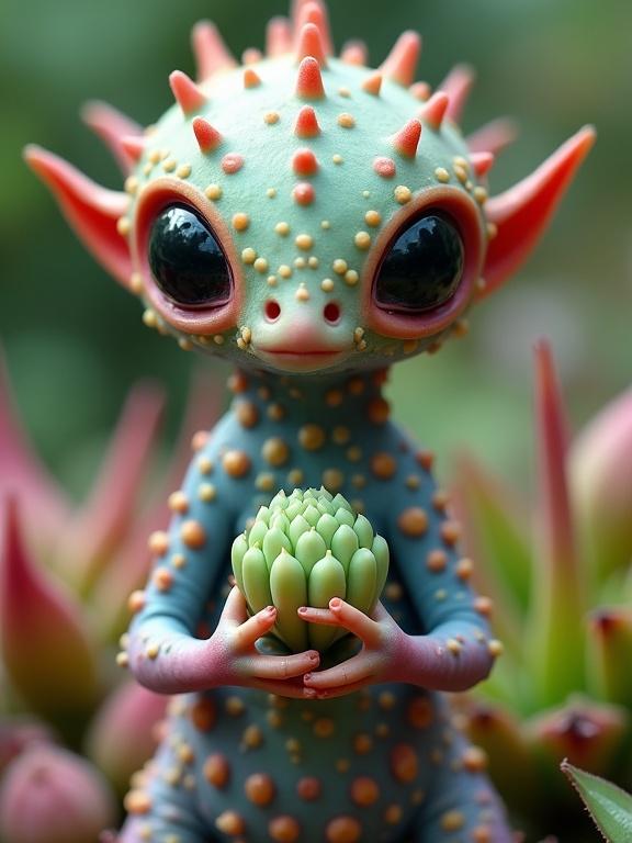 Image depicts an unusual creature blending plant and animal features. The creature has vibrant colors. It holds pale green buds. The background is a garden-like setting with soft-focus flora.