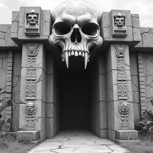 Imposing entrance to a Mesoamerican temple ruin. Colossal skull with fanged teeth above the doorway. Intricate glyphs and deity faces on square pillars. Rough and cracked stone texture. Surrounded by jungle foliage. Low-angle shot. Hyperrealistic and monochromatic. 