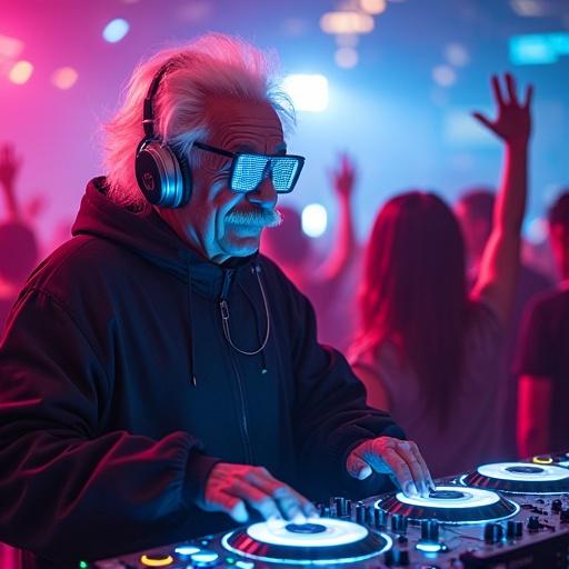 Futuristic techno DJ with sleek headset and neon goggles. Manipulating high-tech DJ equipment with holographic displays. Surrounded by vibrant lights and energetic crowd in neon bar. Electric and innovative ambiance.