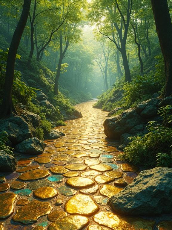 A winding pathway made of golden iridescent tiles leads through a lush green forest. The scene features warm lighting and reflective surfaces, creating an ethereal atmosphere. The forest is vibrant with foliage, and the pathway adds a touch of abstract art.