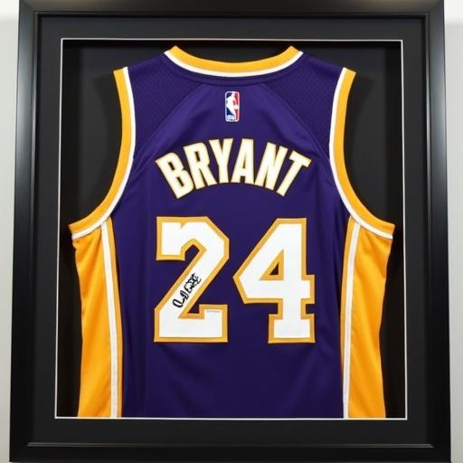 Kobe Bryant autographed jersey displayed in a black frame