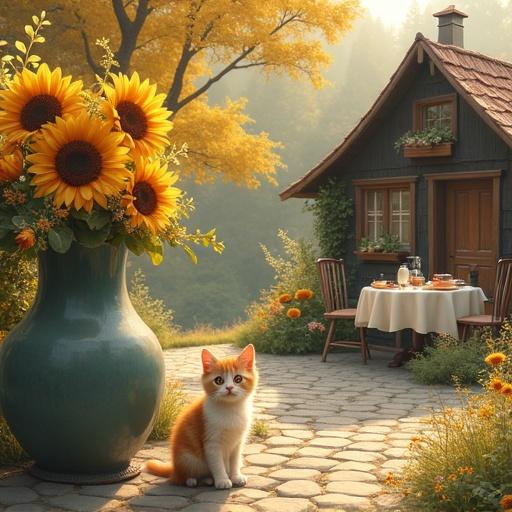 Small orange and white kitten on cobblestone path with large ceramic vase of sunflowers and wildflowers. Rustic wooden house with breakfast table beside. Surrounded by flowers and golden trees. Warm morning light and soft mist. Digital painting with oil-on-canvas texture.