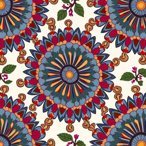 Vector seamless pattern with colorful lace in a paisley design featuring intricate motifs and a transparent background.