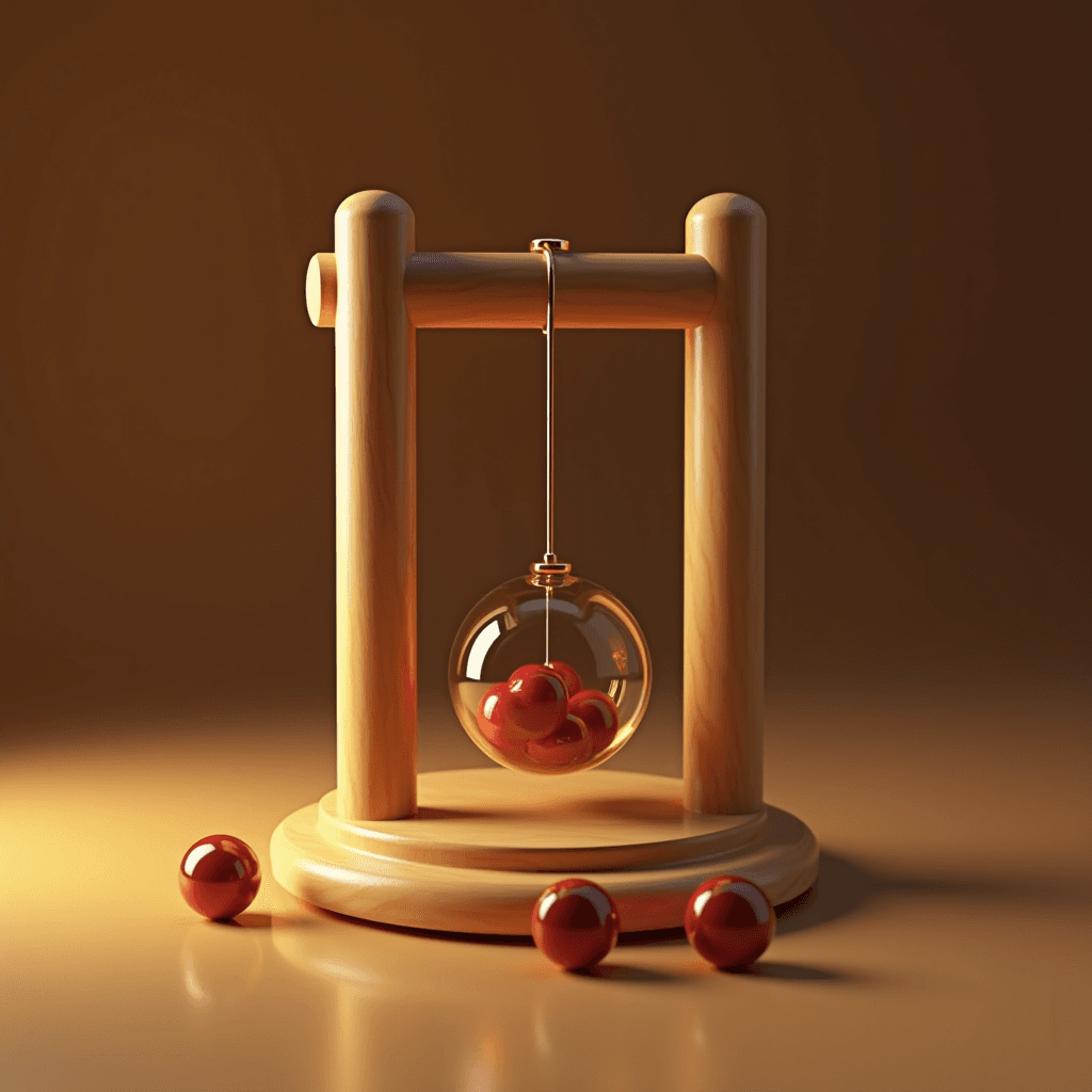 A wooden frame holds a glass orb with several red spheres inside, surrounded by more spheres on a smooth surface with soft warm lighting.