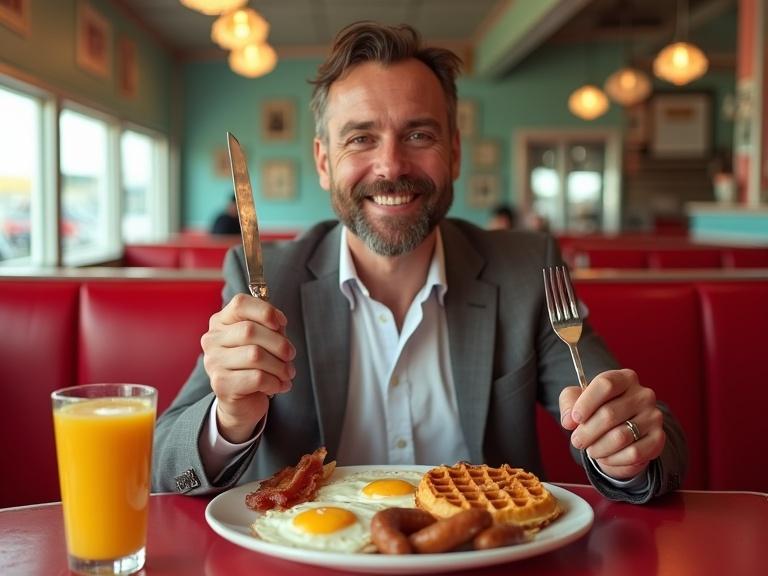 Smiling man in classic American diner holding knife and fork. He is ready to eat breakfast. Breakfast includes waffles eggs bacon and sausages. Fresh orange juice on table. Warm lighting creates inviting atmosphere.