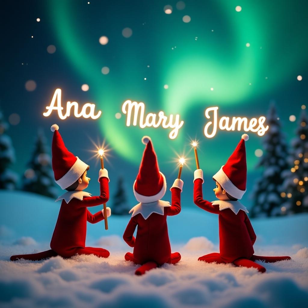 An enchanting Christmas scene features three elves on the shelf, dressed in red and white. They face the sky, backs to the viewer, each wielding a magic wand. One elf writes 'Ana', another 'Mary', and the third 'James' in glowing script above. The background showcases vibrant northern lights, enhancing the magical feel. The scene embodies the spirit of Christmas with a whimsical twist. The elves' positions and actions create a sense of wonder, capturing the joy of the holiday season.