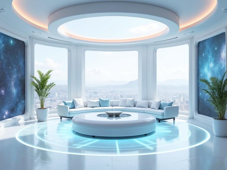 High-tech smart room with floating features. Customizable air walls and holographic screens. Interactive AI butler drone present. Levitating furniture and smart glass windows showcasing galaxy. Voice-reactive LED light floor. Minimal sci-fi interior with nature elements. White and silver theme with glowing neon trims. Futuristic architectural design showcased in isometric cutaway view.
