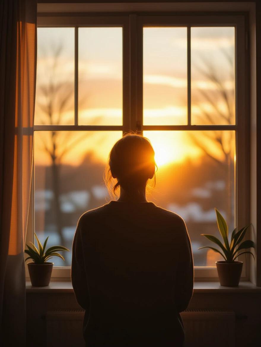 A person looking out towards a bright window with a sunrise. Silhouette illuminated by golden light. Captures an inspirational mood. Features cinematic lighting and warm color grading. Depth of field gives a soft background focus.