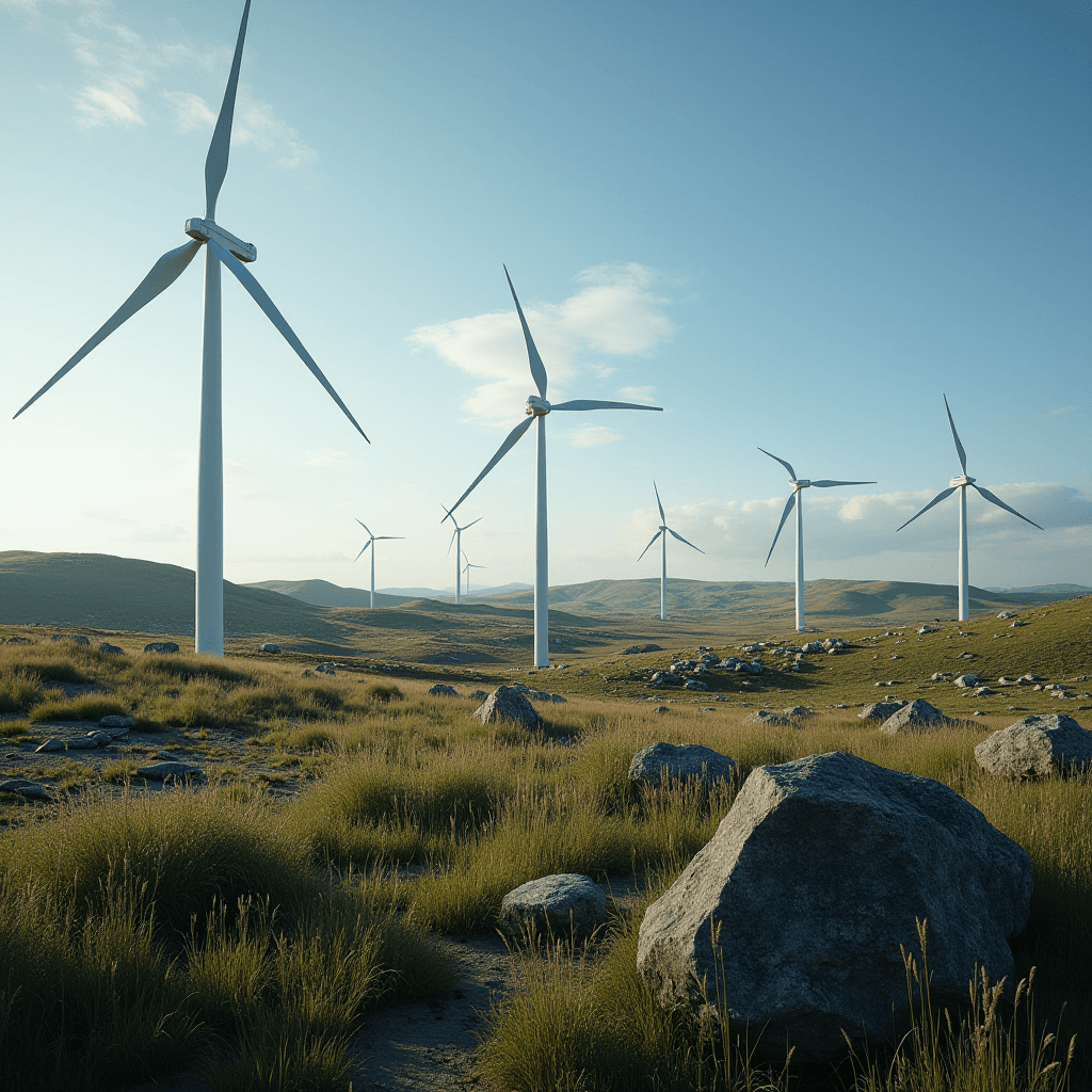 A serene landscape with a row of wind turbines standing on a grassy field surrounded by rocks under a clear blue sky.