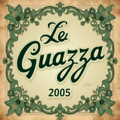 Vintage stamp with detailed green snail. The text 'Le Guazza 2005' elegantly calligraphed. Pastel background with floral patterns. Decorative golden border. Retro chic atmosphere.