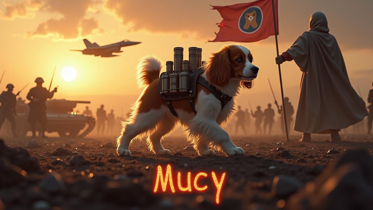 In a dramatic and awe-inspiring scene, a fluffy brown and white cavalier king charles spaniel walks across a dark, desolate battlefield. There are several small missiles strapped to its back. Nearby, a figure wearing a cloak stands valiantly holding a flag with a dog emblem. In the background are a multitude of small soldiers holding rifles as well as tanks, barely visible among the shadows. The sky is lit by the bright radiance of the sun. A jet fighter passes overhead. At the bottom, we see the text 'Mucy' boldly displayed, in fiery writing.