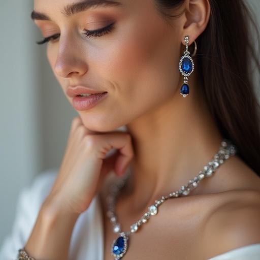 Sophisticated female model wearing exquisite trillion iolite gemstone jewelry. Close-up shot showcasing stunning iolite pendant, complementing earrings, and delicate bracelet. Soft, ambient studio lighting with light neutral background. Model's makeup is minimal yet elegant. Look is polished and editorial with high-fashion vibe. Sharp focus on jewelry with reflections bringing out clarity and brilliance.