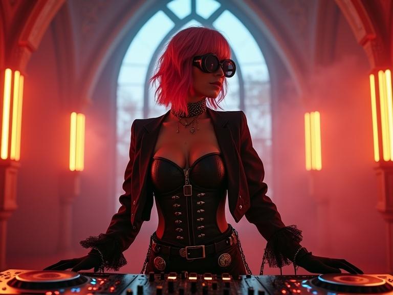 Gothic steampunk woman DJ stands confidently at DJ console in dark atmospheric nightclub. Asymmetrical pink hair short on one side long on other. Circular steampunk goggles over her eyes. Black leather corset with brass buckles lace sleeves and fingerless gloves. Cropped open steampunk jacket with metallic gears. High boots with vintage clockwork elements. Lighting dominated by deep red tones with amber and blue accents. Gothic arches and vertical yellow neon lights glowing through fog. DJ console glowing with neon details. Wide master shot symmetrical composition photo realism