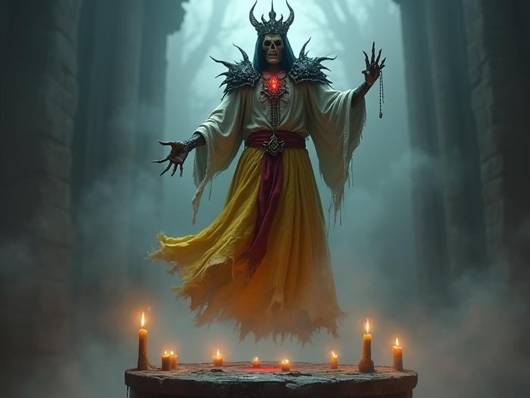 A floating lich in detailed Dungeons and Dragons style. Dark crown on skeletal head. Spiked shoulder plates. Tattered yellow skirt with red sash. Red gem pendant glowing faintly. Bony finger pointing down. Stone pedestal with flickering candles in mist. Eerie atmospheric setting with dramatic lighting.