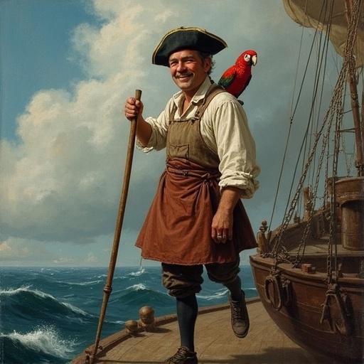 Pirate character with one leg in cook's attire. Parrot perched on shoulder. Located aboard a ship. Stormy sea in the background. Illustrated in a classic 18th-century style.