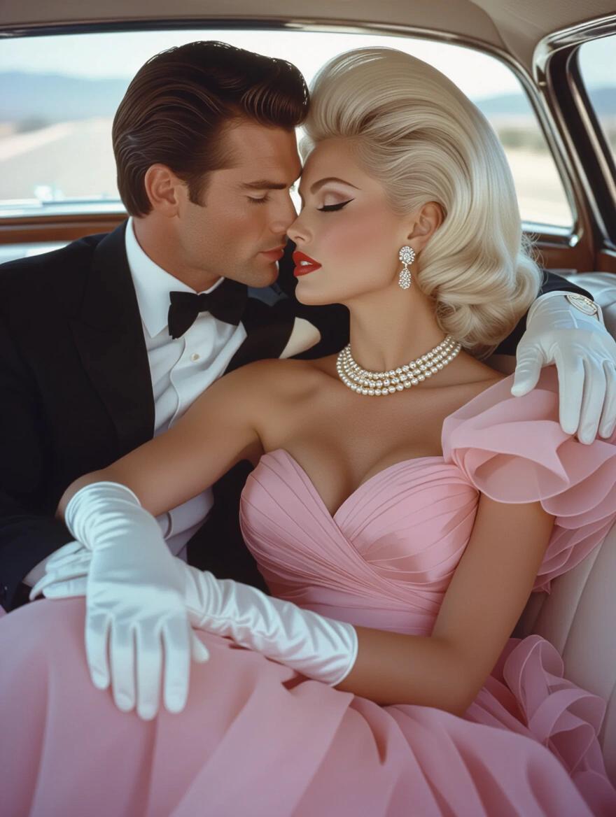 A stunning portrait features a 1960s woman with voluminous platinum blonde hair and flawless makeup. She wears a pale pink chiffon sun dress. The couple sits in the back of a limousine, wrapped in each other's arms, kissing. She accessorizes with a delicate pearl necklace and diamond earrings, white gloves, and high heels. Rendered in a style reminiscent of Slim Aarons photographs.