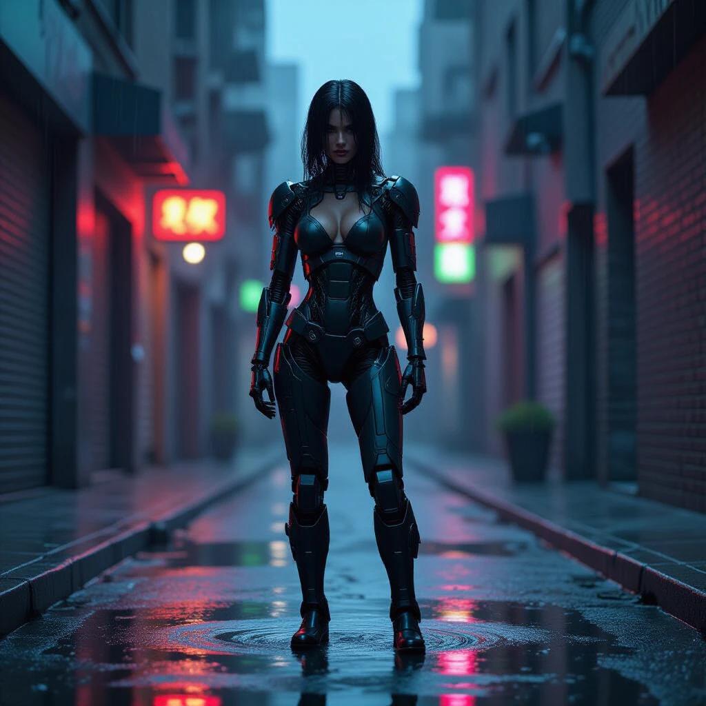 A female cyborg stands in an alleyway with metallic limbs. The setting is rain-soaked with neon lights reflecting off the ground. The cyborg isn't activated. This creates a mysterious and futuristic atmosphere.