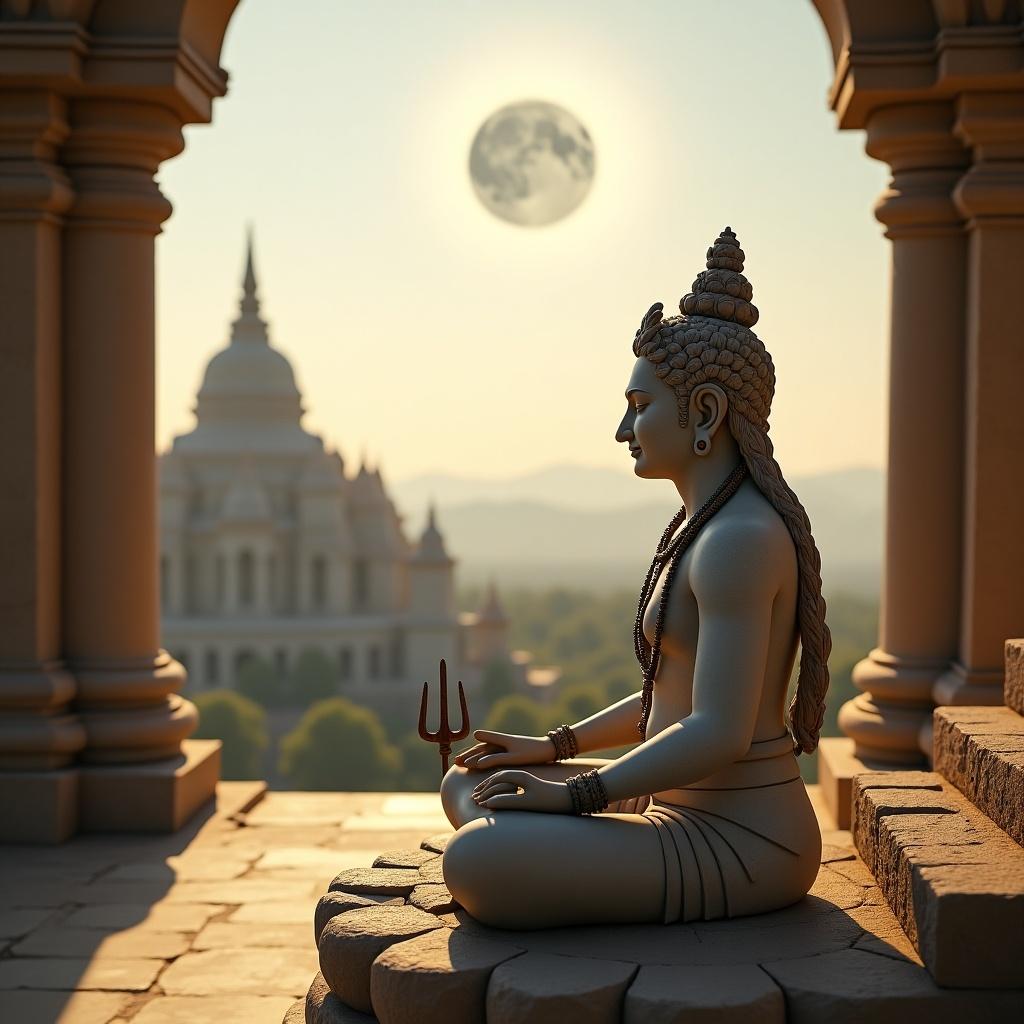 Image shows a deity in meditation at a temple with celestial background. The figure has traditional elements like a trident and prayer beads. The scene is illuminated by soft warm light with gentle shadows.