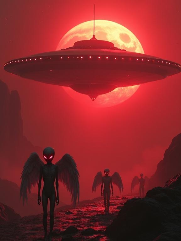Surreal landscape with red hellish tones. A large saucer-shaped UFO hovers above. Gray aliens with shiny red eyes and angelic wings stand on rocky terrain. Background features a large, glowing red moon.