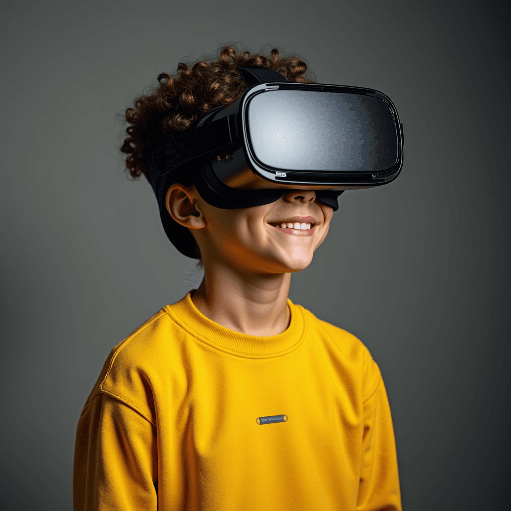 A young boy in a yellow sweatshirt smiles while wearing a VR headset.