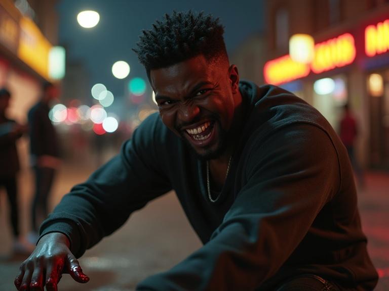 Realistic portrayal of a young black male in a nighttime street fight. He has bloody knuckles and a maniacal grin. Urban background with onlookers.