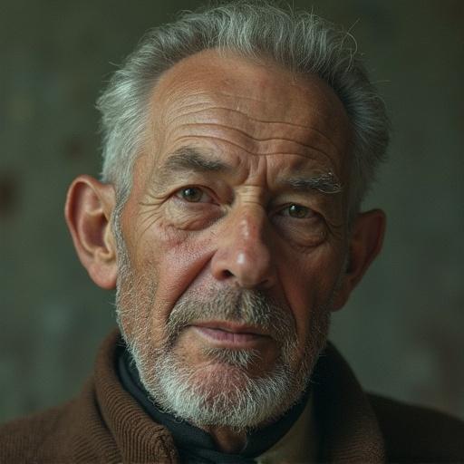 A vintage portrait of an elderly man with a soft expression. Natural lighting highlights his features. The background has a subtle blend of tones. A blend of digital elements creates an artistic feel.