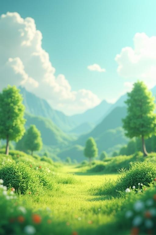 Wide grassy field with distant majestic mountains and fluffy clouds in a blue sky. Vibrant green grass and trees scatter across the scene. 3D rendering of a peaceful environment.