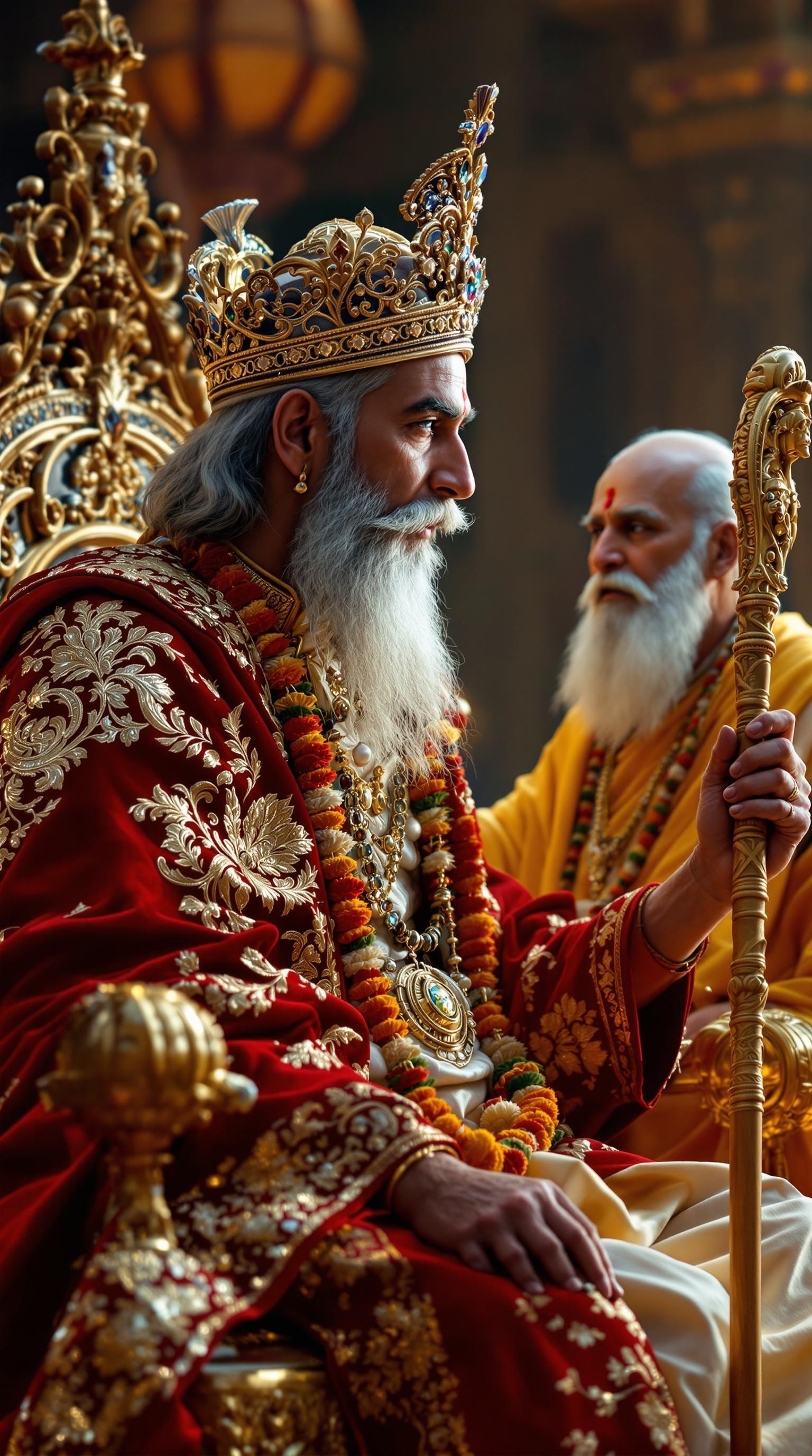 Ultra-HD image of a king in red and gold embroidered sherwani with a jeweled crown on a golden throne. A serene sage in saffron robes listens with a calm demeanor.