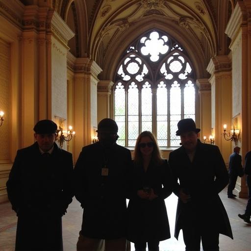 Cambridge University Hall contains a group of dressed Englishmen.