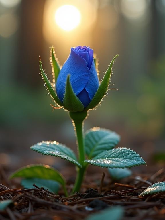 A blue rosebud with curled sepals emerging from a dew-soaked vine, lying on forest soil covered in pine needles, backlit by early morning sun, hyper-realistic