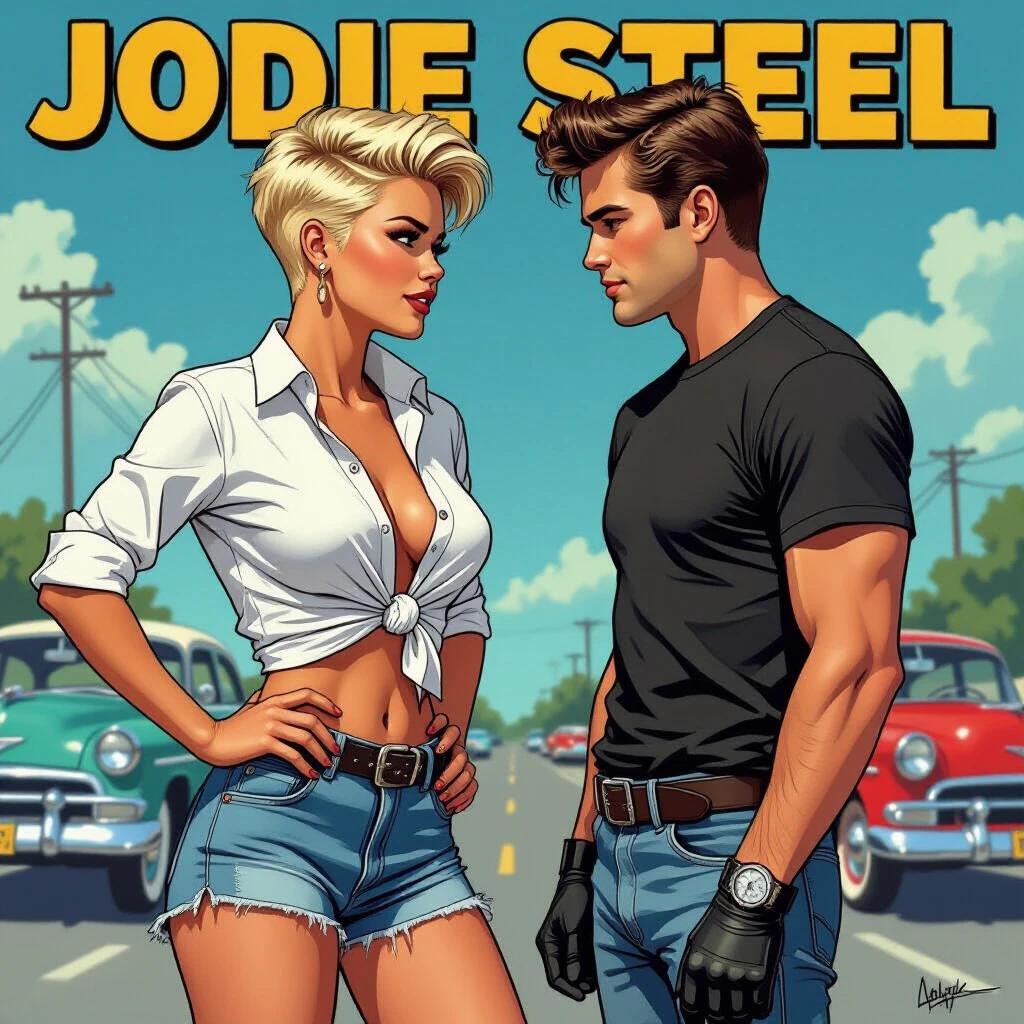 Image features a confident young woman in a stylish outfit. She stands face-to-face with a male character. The woman has short tousled hair in a punk style. She wears an unbuttoned white shirt knotted at the waist and ripped denim shorts. Black motorcycle boots complement her look. The scene captures a vintage vibe with classic cars in the background.