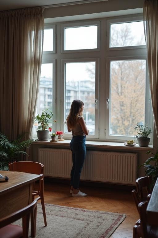 Girl stands by the window looking out. Room has plants, a cozy atmosphere. Large windows reveal an outside view. Indoor setting with natural light.