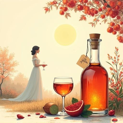 Minimalistic screen printing artwork of a sunny orchard. Woman holds a cocktail glass. Apothecary bottle nearby filled with shimmering elixir. Bottle has a cork lid. Hang tag displays 'ALFRUNO'. Set against a beige background.
