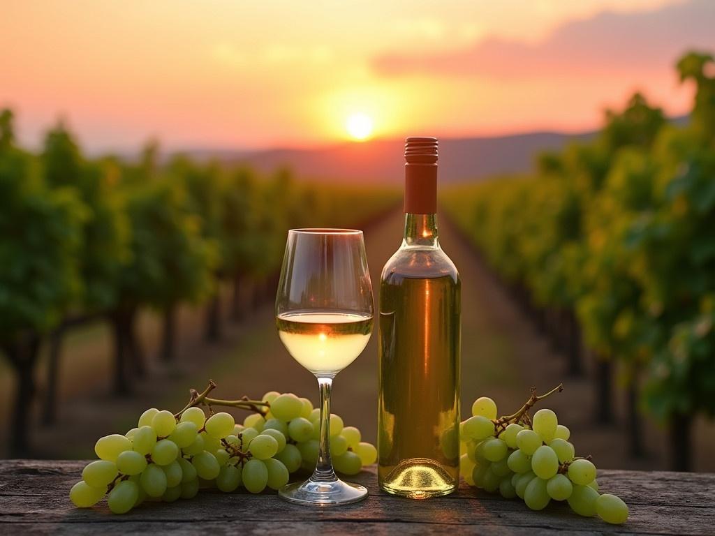 Create an image of a vineyard during sunset, where the sky is filled with warm hues of orange and pink. In the foreground, display a bottle of white wine without any labels next to a wine glass filled with the same white wine. Add clusters of green grapes surrounding the glass and bottle to enhance the scene. The vineyard rows should be visible in the background, stretching out towards the horizon under the evening sky. Make sure the atmosphere is serene, evoking a sense of relaxation and enjoyment of fine wine.