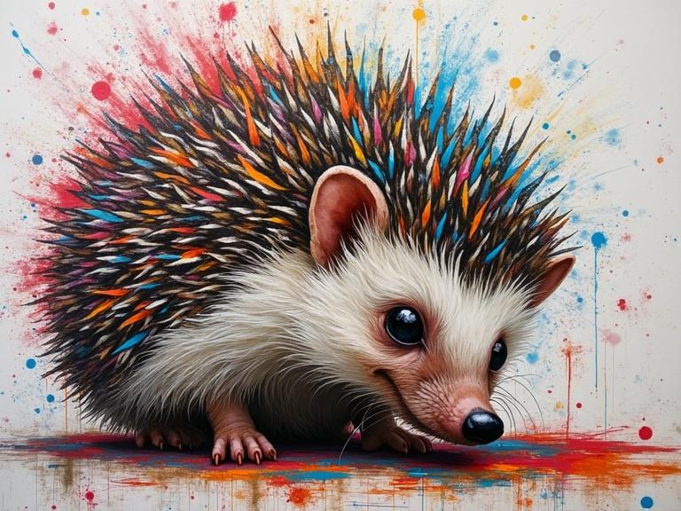 Colorful illustration of a hedgehog with exaggerated spines. Illustration features bright colors and dynamic paint splashes in the background. Charming expression on hedgehog's face. Designed to be adorable and engaging. Suitable for various art applications.