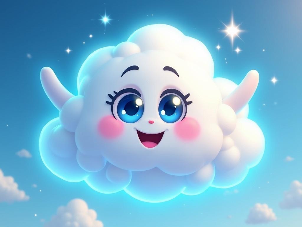 A cute, cartoonish cloud character is happily floating in mid-air. It has large, sparkling blue eyes and a wide smile, giving it a friendly appearance. The cloud character is round and fluffy, with a soft, white texture, making it look very huggable. Its arms are outstretched as if waving to someone, adding to its cheerful vibe. The edges of the cloud are illuminated with a soft blue light, creating a magical look. This whimsical character exudes joy and playfulness.