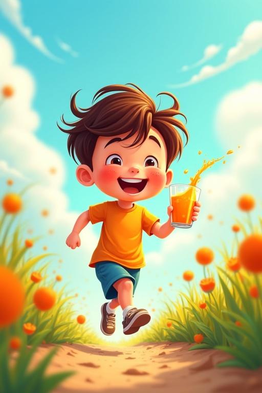 A vibrant cartoon illustration depicts a joyful little boy running excitedly with a glass of fresh orange juice. The boy has rosy cheeks and a big smile. His hair is playful and wind-swept. He wears a casual t-shirt and shorts. The glass of juice is tilted with droplets splashing out. Surrounding him are motion lines, a blurred grassy background, and colorful flowers, all under a bright blue sky with fluffy white clouds. The style is lively and exaggerated with bold outlines and warm, saturated colors.